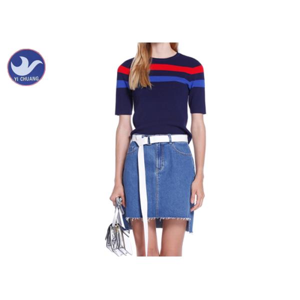 Summer Short Sleeve Cable Knit Sweater  , Womens Navy Blue Pullover Sweater Crew Neck Stripes Knitwear