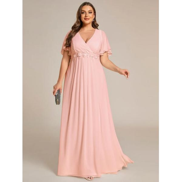 Empire Plus Size Applique Short Sleeve A-line V-neck Flutter Sleeves Invisible Zipper Navy Blue Chiffon Evening Dress