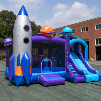 Commercial Cosmic Rocket Inflatable Bouncer Slide with Space Decorations Safety Mesh and Soft Landing Area