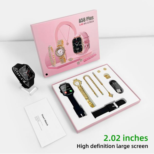 Eraysun 7 in 1 Strap A58 Plus Smart Watch 2.01inch Square Silicone Strap Quartz Lady Watch Necklace Ring A59 Plus Smartwatch
