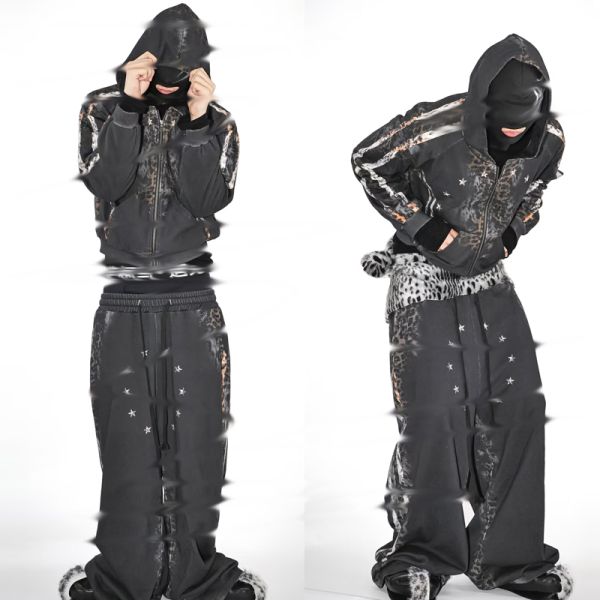 Custom Gradient Leopard Print Digital Printed Striped Hooded Sweatshirt Set Wide Zippers 100% Cotton Washed Technique Winter ODM