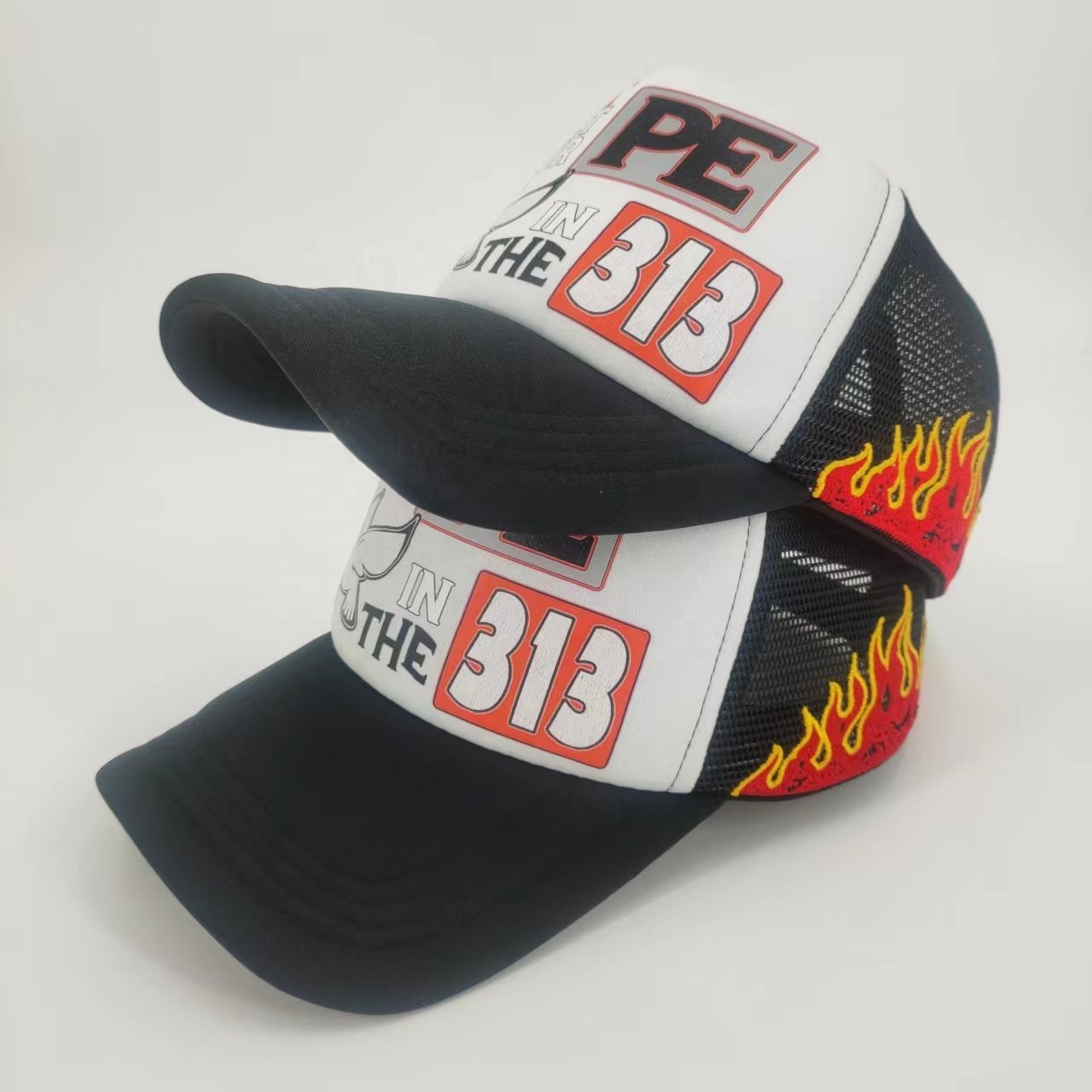Patch Fire Flame Custom Embroidery Trucker Hats Pattern Mesh Foam Snapback Gorras With Flame Print Cute 5 panel
