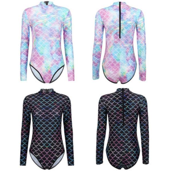 High Stretchy Mermaid Tail Swimsuit High Neck Long Sleeve Colorful Fish Scales Pattern