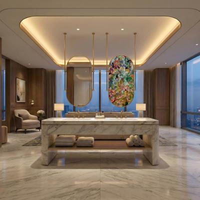 Kingstin Custom Height Ceiling Hanging LED Mirror, Double-Sided Art Decorative Suspended Mirror with Metal Rods, Hotel Projects