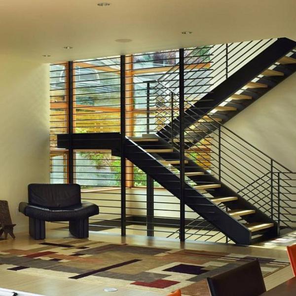 Straight U Shaped Staircase Design Carbon Steel Beam Wooden Treads Long Lifespan