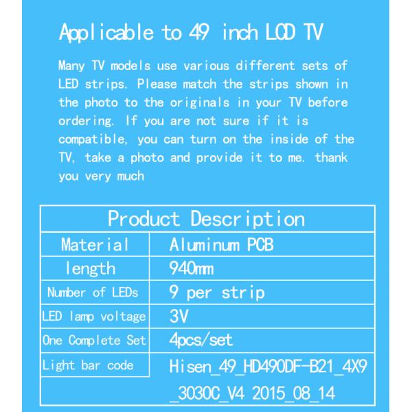 Lâmpada de fundo de televisão para Hisen_49_HD490DF-B21_4X9_3030C_V4 2015_08_14 LED49EC520UA LED49EC270W LED49K300U LED49K5100U