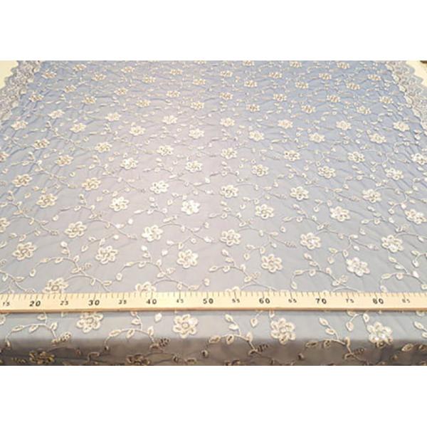Embroidered White And Blue Sequin Floral Lace Fabric With Scalloped Edging