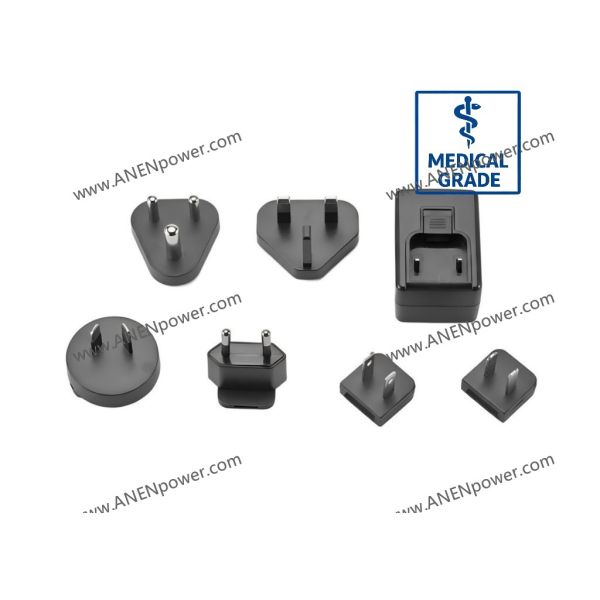6W Medical AC/DC Adapter, Interchangeable Plug, IEC60601 2×MOPP, 5V 1.2A / 12V 0.5A Low Leakage