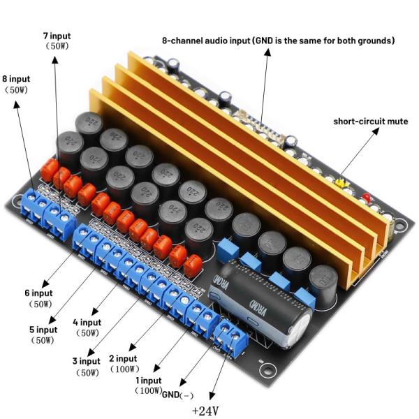 TPA3116 8-Channel Digital Power Amplifier Board 100W+100W+6*50W Class D DC18V-24V for Speakers
