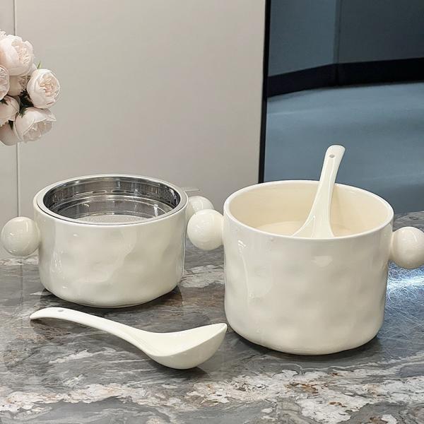 Stainless Steel Lid and Printed Features White Ceramic Noodle Bowl for Kitchen Storage
