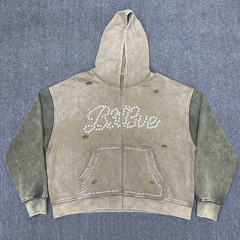 Tianan Custom Acid Wash Hoodie Vintage Stone Wash Distressed Pearl Rhinestone Spliced Sleeve Streetwear Loose Boxy Zipper Hoodie