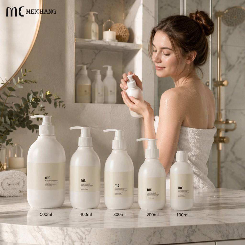 100ml-500ml Round PE Shampoo Bottle with Lotion Pump Custom Plastic Personal Care Packaging Bottle（MC-440）