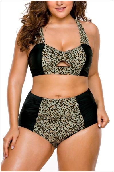 Custom women sexy leopard high waist halter bikini vintage plus size swim