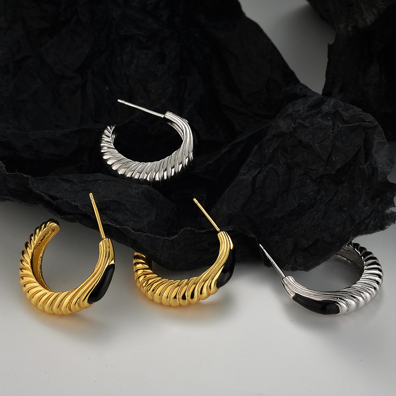 Arc Shaped Hoop Earrings, Enamel Craft Ear Stud ,Twist Design Gold Finished Jewelry