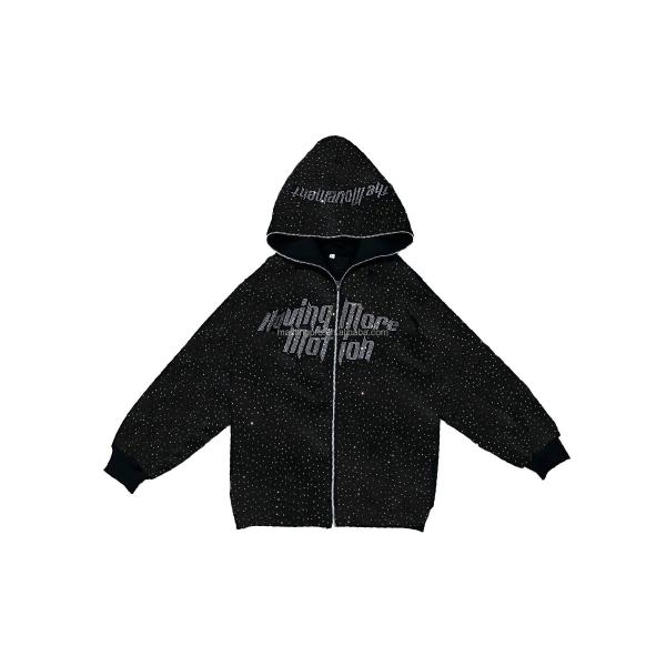 Black Vintage Rhinestone Hoodie Distressed Embroidery Patch 220 Grams Heavyweight Acid Wash