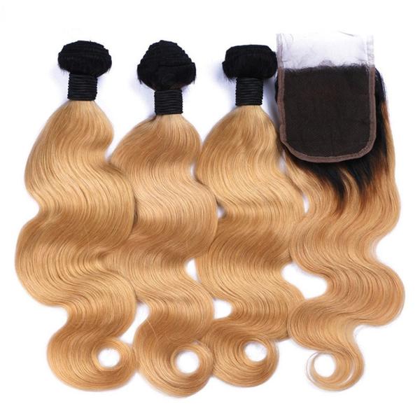 Ombre Blonde 1B 27 Peruvian Hair Body Wave 3 Bundles With Closure Ombre Human Hair Bundles With Closure Remy Hair