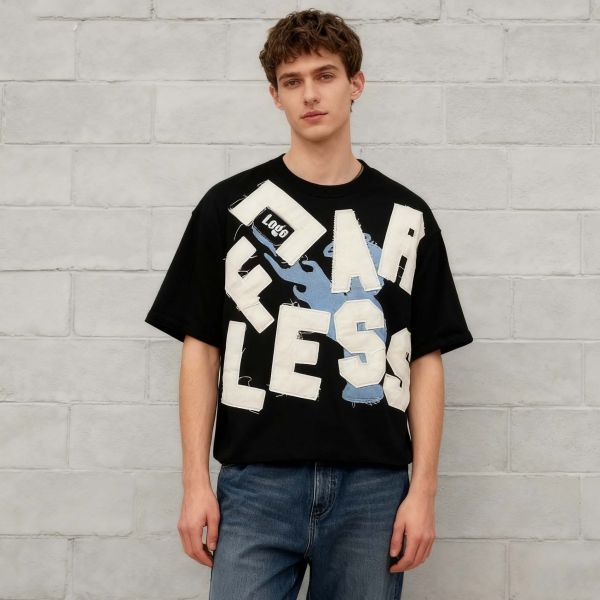 Custom Distressed Boxy T Shirt for Men Cotton Applique Embroidery Patch Cropped Tee Drop Shoulder Plain Raw Hem T-Shirts