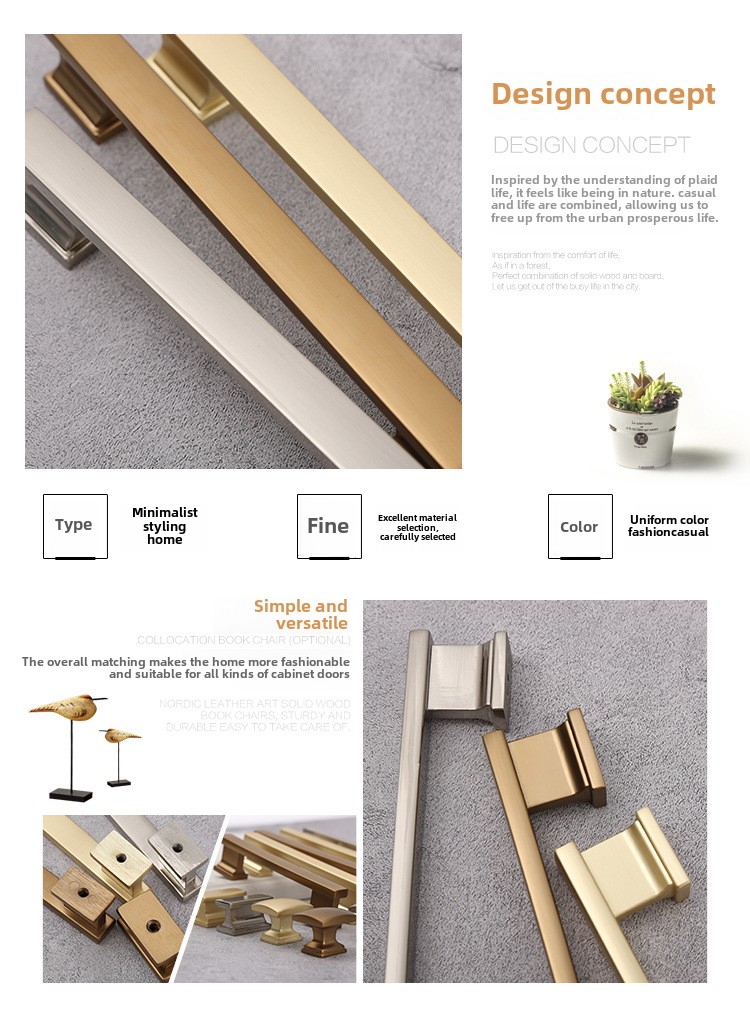 Nordic Gold Modern Simple Long Single Hole Solid Zinc Cabinet Door Knob Brass Material Living Room Wardrobe Drawer Handle