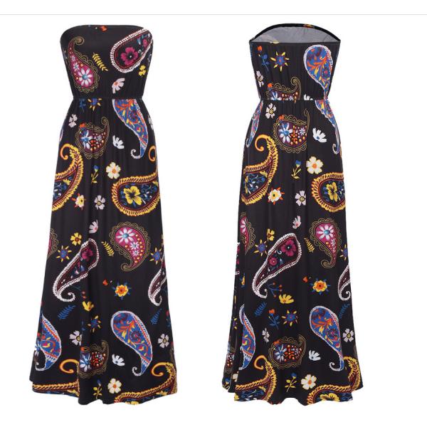 European-style fashion strapless printed long billowing skirt maxi sexy dress