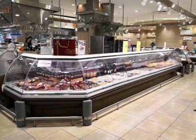 O supermercado fino da carne fresca e dos peixes indica o refrigerador com parte superior e temperatura abertas -2 ao ℃ 2