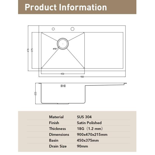 Modern SS 304 Kitchen Sink , Single Basin Stainless Steel Sink With Silver Brushed Finish