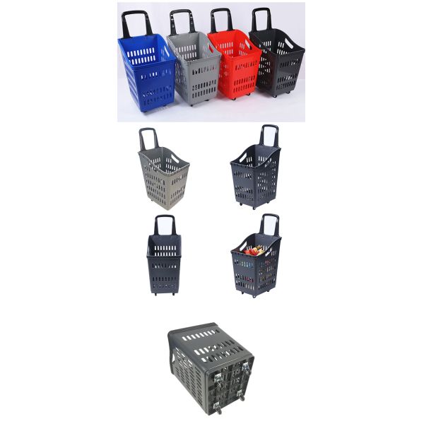 60L Capacity Plastic Trolley Basket with 360° Rotating Wheels and Stackable Design for Brand Customization