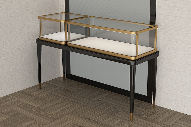 Light Luxury Long Wall Jewelry Display Table, Gold Frame Glass Jewelry Showcase, Slim Leg Standing Vitrine For Necklace, Watch & Luxury Jewelry