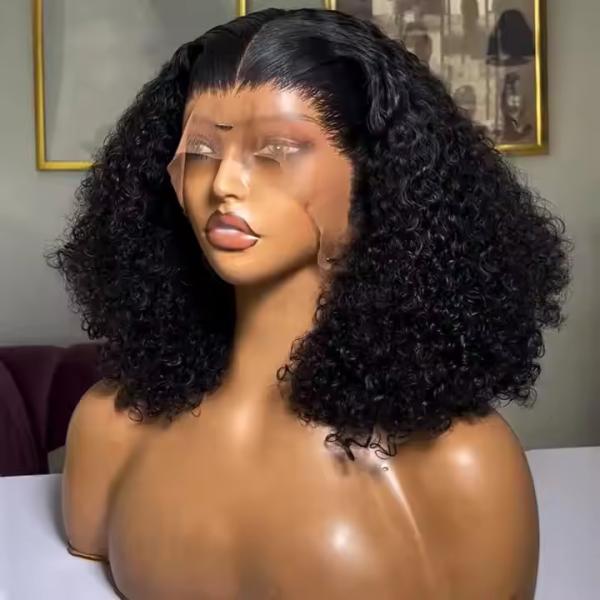 Natural Black Short Cut Bob Kinky Curly 13X4 Deep Lace Front Wig Preplucked Glueless