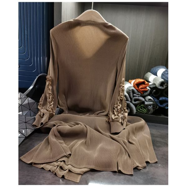 Elegant Heavy-Duty Ruffled Beaded Pleated V-Neck Dress Autumn Solid Color Casual Slimming Chiffon Dress Natural Waistline Front