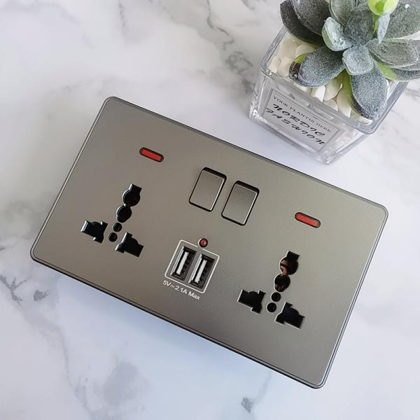 Hot Selling Nordic Grey 13A UK Standard Wall Switch Socket Universal USB Electrical Socket Light Switch 1gang 2way