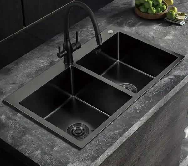 FOOK SINK Handmade Top Mount 304 Stainless Steel Double Bowl Kitchen Sink with Ledge