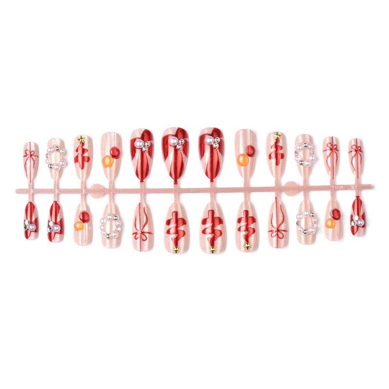Wholesale 3D Pearl Christmas Tree Holiday Fake Nails Almond Pink Glitter
