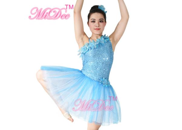 Floral Ballet Dance Costume Sequin Leotard Dress With Oblique Neckline