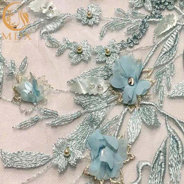 20% Polyester Blue 3D Flower Lace Fabric For Evening Gown