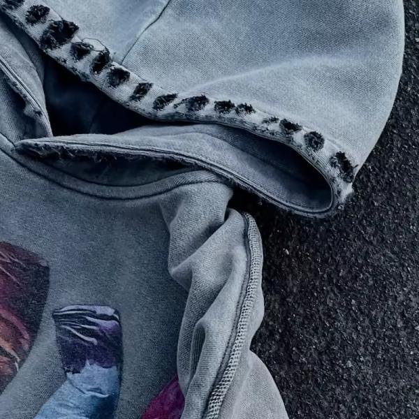 Custom Distressed Designer Heavyweight Hoodies Screen Print Graphic Pullover Hoodies for Men Ribbed Hem Oversized Crop Hoodies