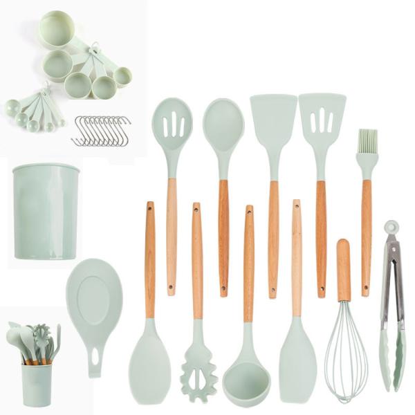 Stocked Silicone Kitchenware Cookware Sets With Wooden Handle Heat Resistant for OEM/ODM