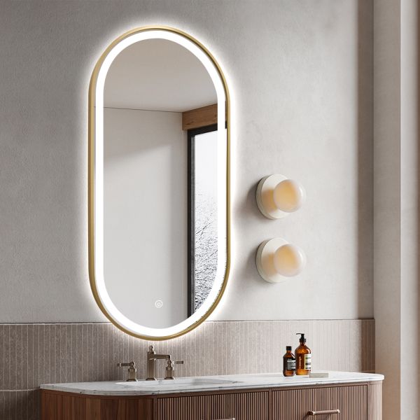 LED Illuminated Arch Bathroom Mirror Copper Free Silver Mirror With Defogger