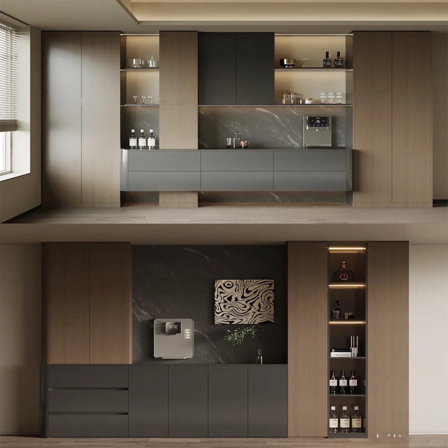 Modern Light‑Luxury Wood‑Tone Sideboard & Wine Cabinet