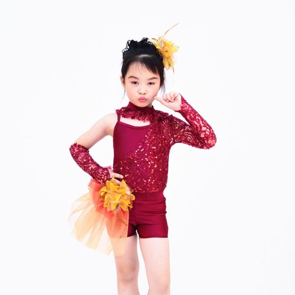Asymmetrical Jazz Dress Costumes One Sleeve Sequin Lace Dance Leotards Spandex Short With Side Suttles