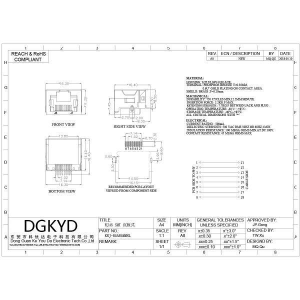 Custom Shield 8p8c SMD Rj45 Keystone Jack , Extra Low Profile Ethernet Connector KRJ-85A85MMNL