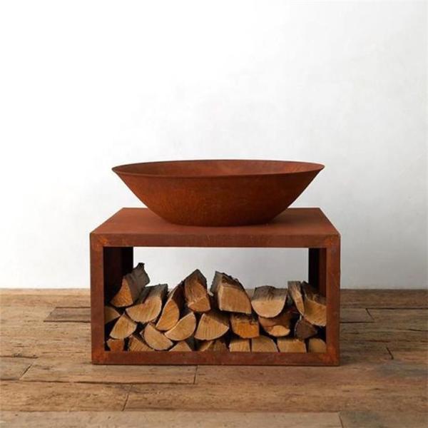 Jardim exterior Rusty Corten Steel Fire Bowl moderno com armazenamento do log