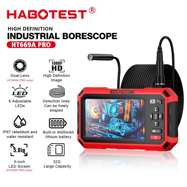 HABOTEST HT669A PRO 5 pulgadas de doble lente Borescopio 7MM de conductos de alcantarillado automotriz Mecánica cámara de inspección de video Borescopio industrial