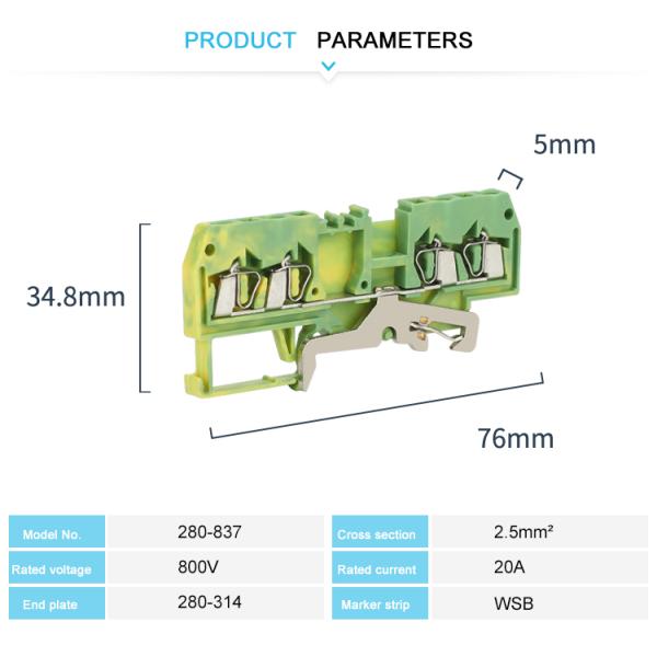 280-837 Spring Cage Ground Terminal Block Connectors Green Color Flaming Retarding Nylon PA66