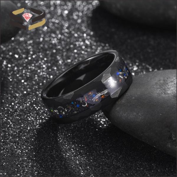 Anniversary Gift Black Hammered Tungsten Ring 8mm With Opal And Meteorite Inlay