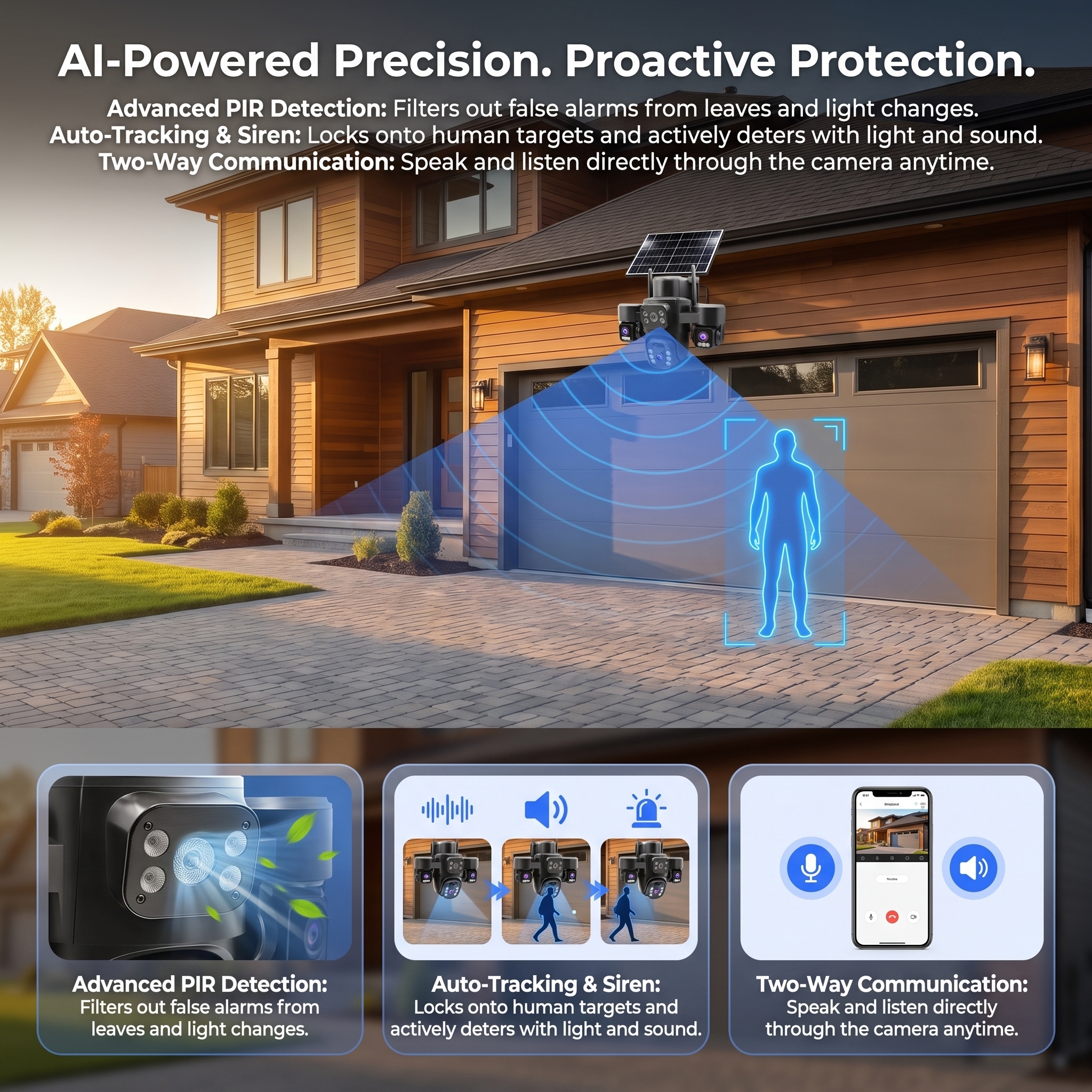 7.5W Solar Dome Camera, Built-in 8000mAh Battery, Full Wireless WiFi, Two-Way Audio, H.265 Encoding, High Performance CMOS Sensor for Outdoor Security