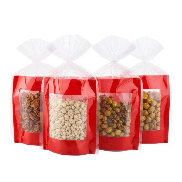 Custom Festive Food Gifts Bags Stand Up Bags With Transparent Windows For Snacks Packaging Bulk Orders Discounts.