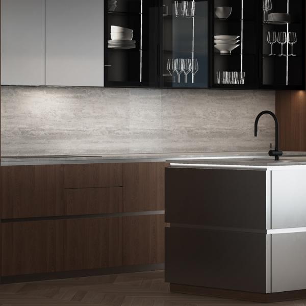 Contemporary Wood Grain Kitchen Set Furniture Cabinet And Stainless Steel Countertop For Apartment