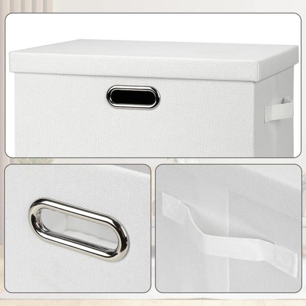 Linen Fabric, Metal Handles Collapsible Stackable Storage Bins With Lids, Packs White Linen Fabric Closet Boxes With Lids, Storage Cube Baskets Container Organizers For Bedroom Office