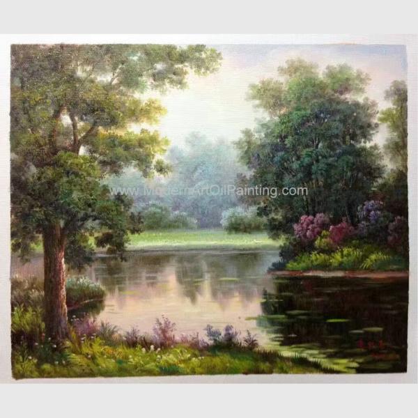 Caminhada contemporânea moderna verde pintado à mão da beira do lago das pinturas de paisagem pelo artista famoso