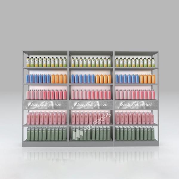 Grisa de hierro y madera para el cuidado de la piel de la tienda de productos de limpieza del estante gabinete con tiras de luz para el diseño de la tienda de venta al por menor y la pantalla de la tienda de cosméticos